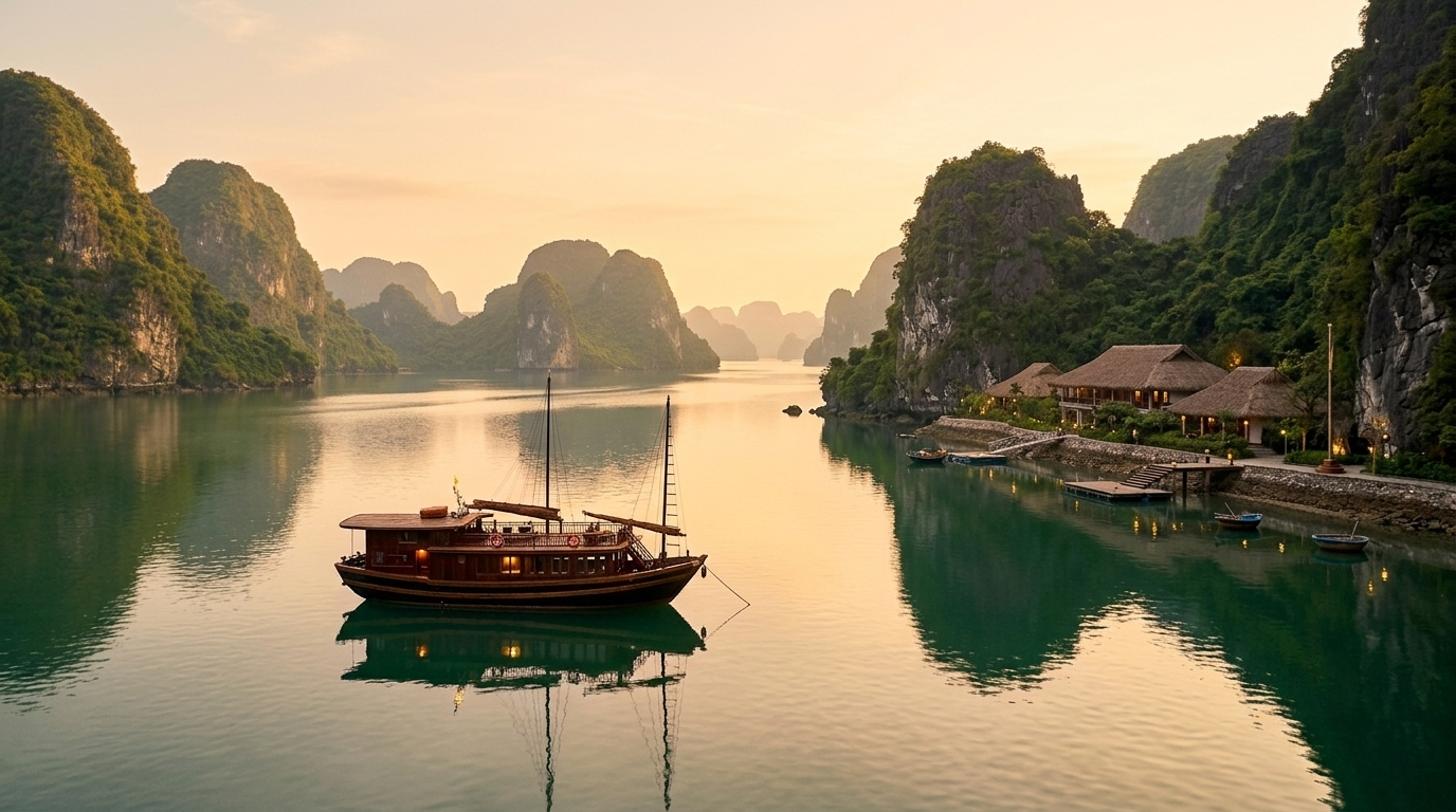 海灣、山景與遊船的旅遊情境示意